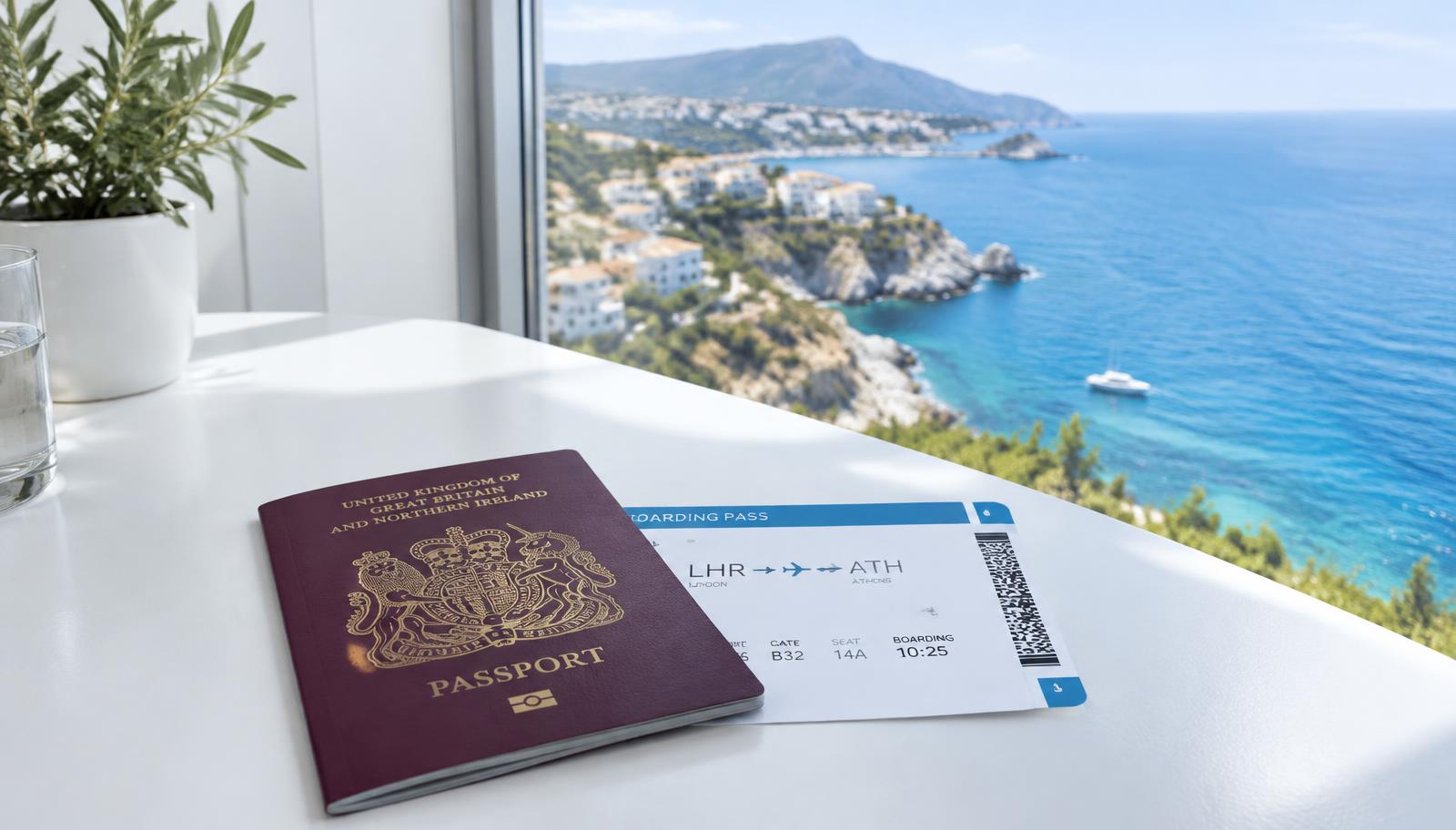 UK passport and boarding pass by a window overlooking the Mediterranean